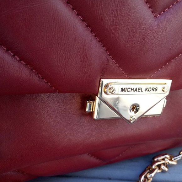 Michael Kors Cece Chevron Quilted Leather Chain Medium Shoulder Bag Purse Berry - Picture 2 of 13